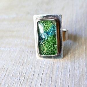 Adjustable sterling silver with green glass rectangle